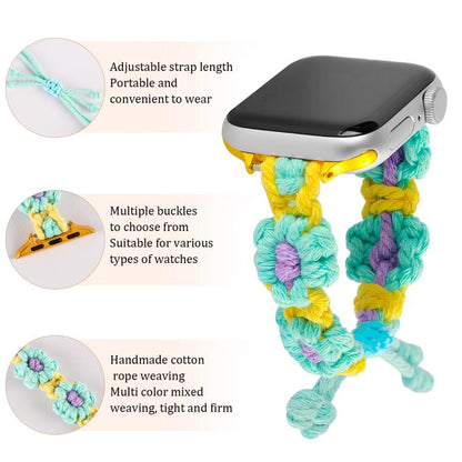 For Apple Watch 46mm / 49mm / 45mm / 44mm Hemp Rope Woven Flowers Drawstring Watch Band(Yellow Pink) by bashfashion