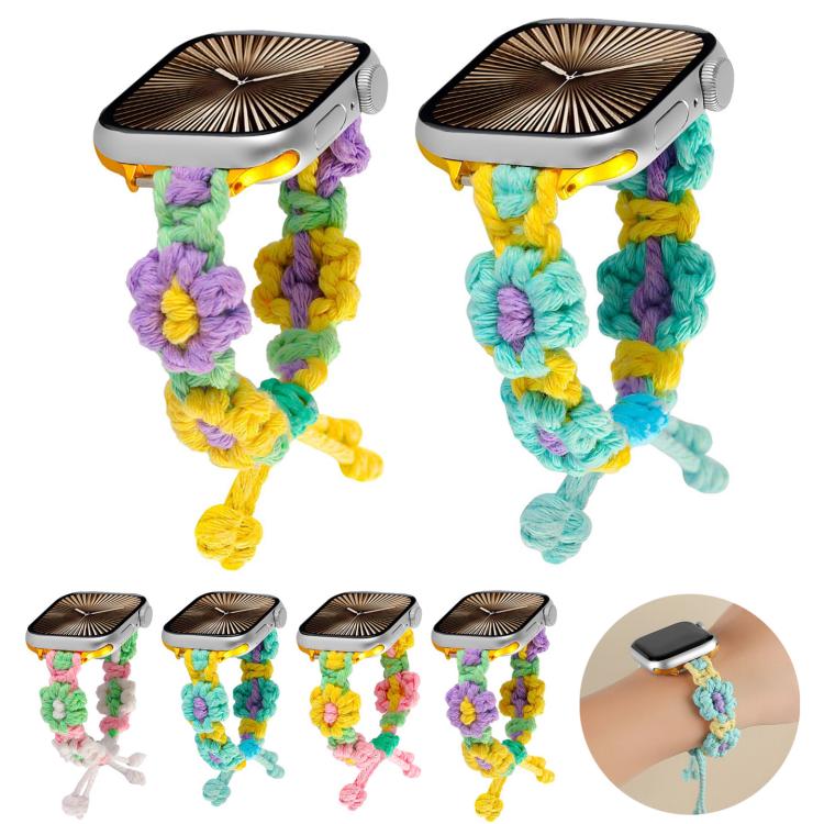 For Apple Watch 42mm / 41mm / 40mm / 38mm Hemp Rope Woven Flowers Drawstring Watch Band(Teal Green) by bashfashion