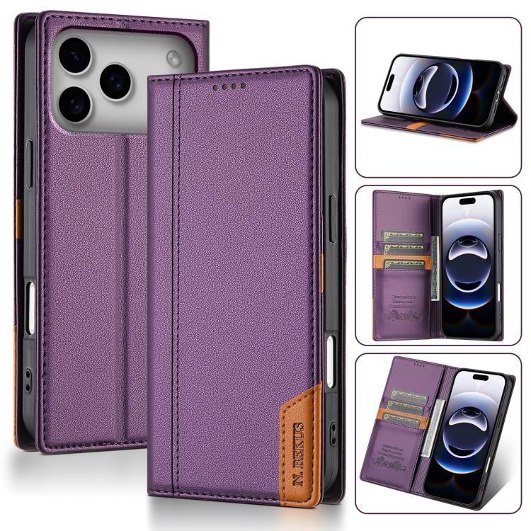 For iPhone 17 Pro Max N.BEKUS P3 RFID Stitching Magnetic Flip Leather Phone Case(Purple) by N.BEKUS