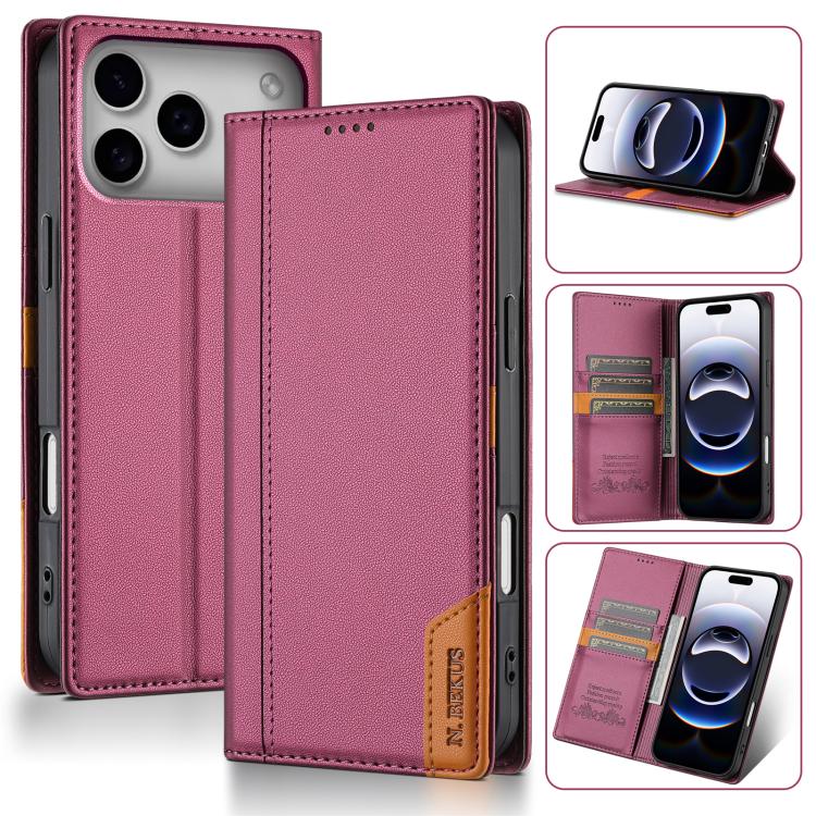 For iPhone 17 Pro N.BEKUS P3 RFID Stitching Magnetic Flip Leather Phone Case(Wine Red) by N.BEKUS