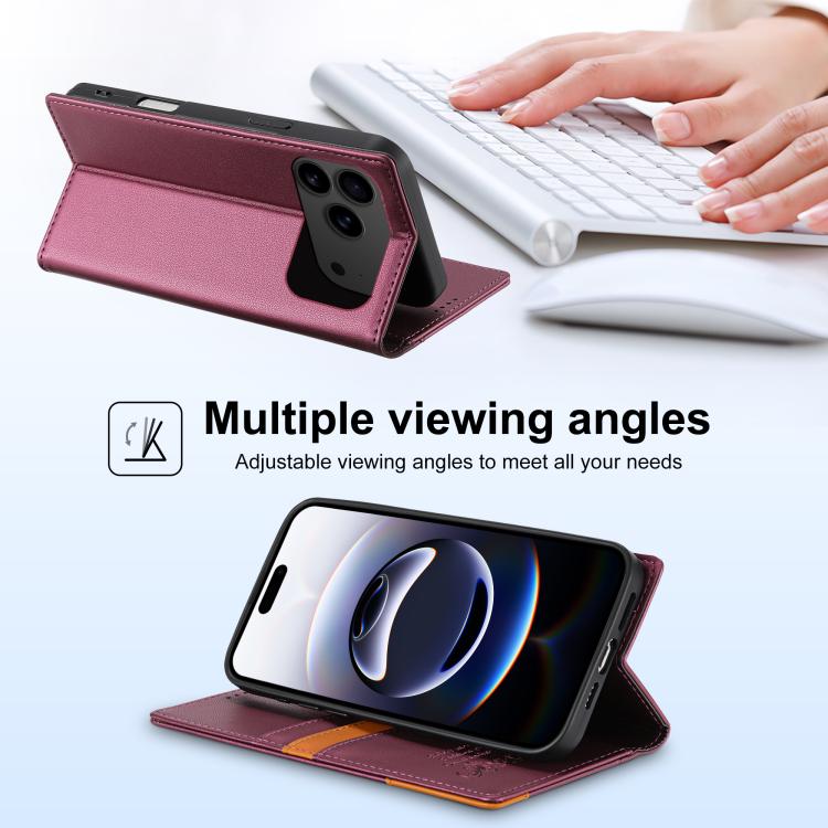 For iPhone 17 Pro N.BEKUS P3 RFID Stitching Magnetic Flip Leather Phone Case(Wine Red) by N.BEKUS