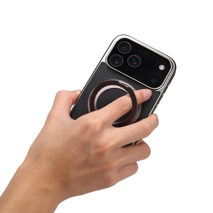 For iPhone 17 Pro Max Denior A23 Magnetic Holder Electroplating Genuine Leather Phone Case(Black) by Denior