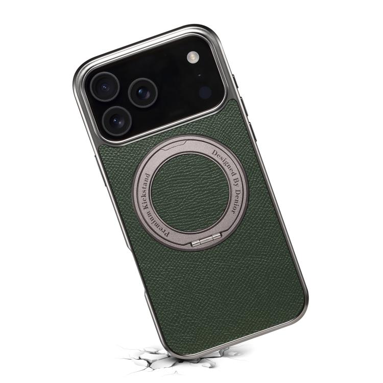 For iPhone 17 Pro Max Denior A23 Magnetic Holder Electroplating Genuine Leather Phone Case(Green) by Denior