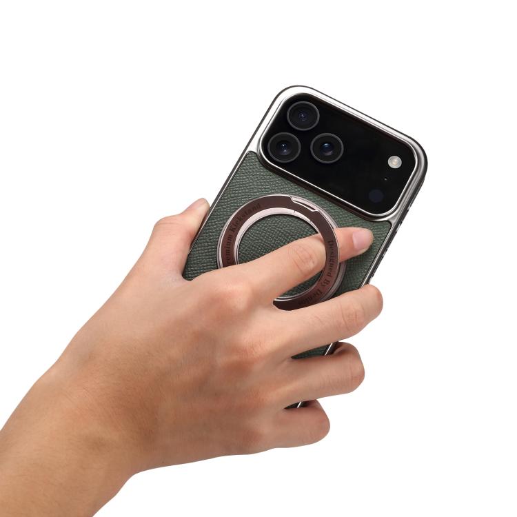 For iPhone 17 Pro Max Denior A23 Magnetic Holder Electroplating Genuine Leather Phone Case(Green) by Denior