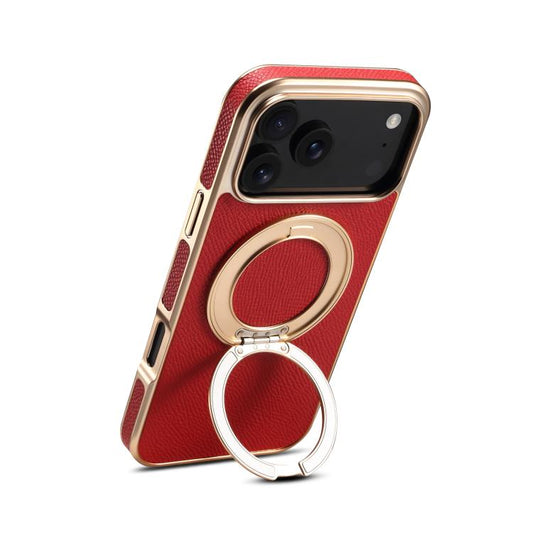 For iPhone 17 Pro Max Denior A23 Magnetic Holder Electroplating Genuine Leather Phone Case(Red) by Denior