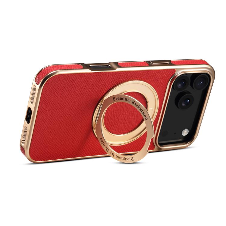 For iPhone 17 Pro Max Denior A23 Magnetic Holder Electroplating Genuine Leather Phone Case(Red) by Denior