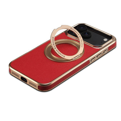 For iPhone 17 Pro Max Denior A23 Magnetic Holder Electroplating Genuine Leather Phone Case(Red) by Denior