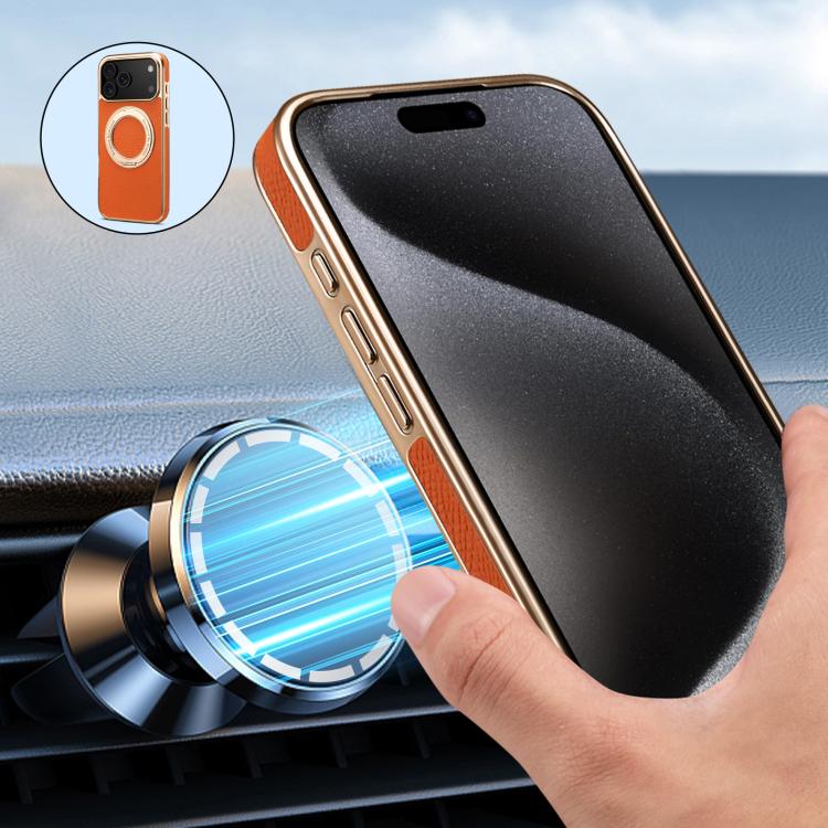For iPhone 17 Pro Max Denior A23 Magnetic Holder Electroplating Genuine Leather Phone Case(Orange) by Denior