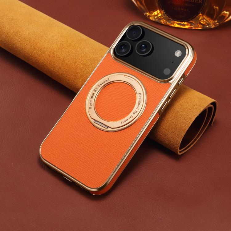 For iPhone 17 Pro Max Denior A23 Magnetic Holder Electroplating Genuine Leather Phone Case(Orange) by Denior