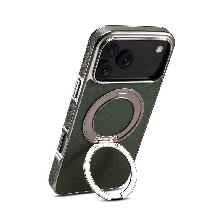 For iPhone 17 Pro Denior A23 Magnetic Holder Electroplating Genuine Leather Phone Case(Green) by Denior
