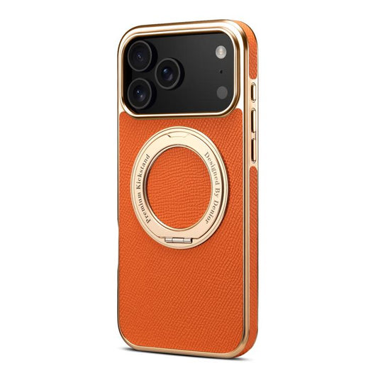 For iPhone 17 Pro Denior A23 Magnetic Holder Electroplating Genuine Leather Phone Case(Orange) by Denior