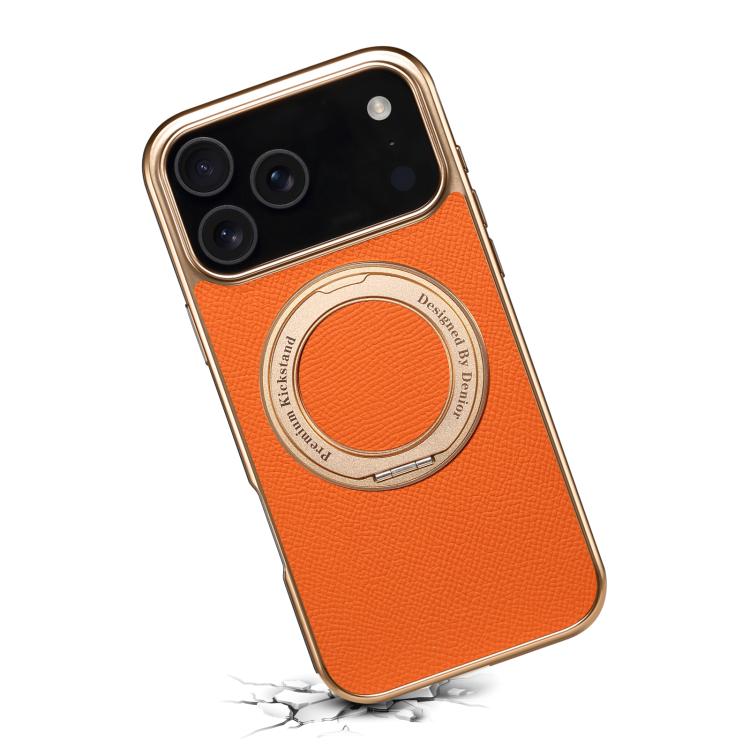 For iPhone 17 Pro Denior A23 Magnetic Holder Electroplating Genuine Leather Phone Case(Orange) by Denior