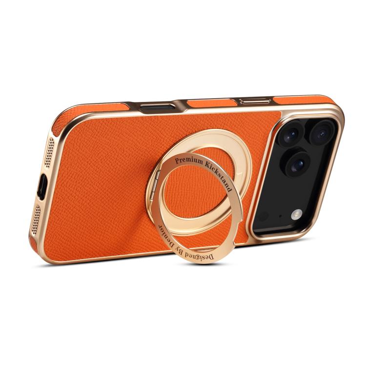 For iPhone 17 Pro Denior A23 Magnetic Holder Electroplating Genuine Leather Phone Case(Orange) by Denior