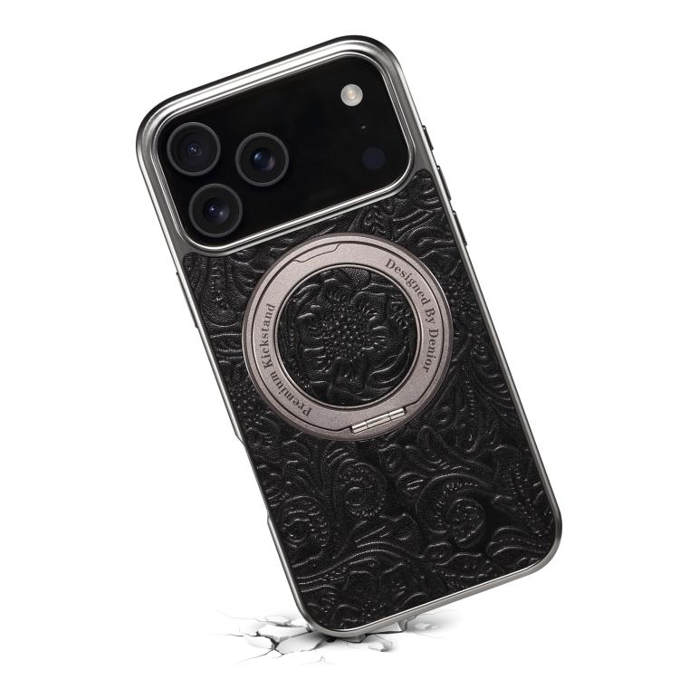 For iPhone 17 Pro Max Denior A23 Retro Flower Texture Magnetic Holder Electroplating Genuine Leather Phone Case(Black) by Denior