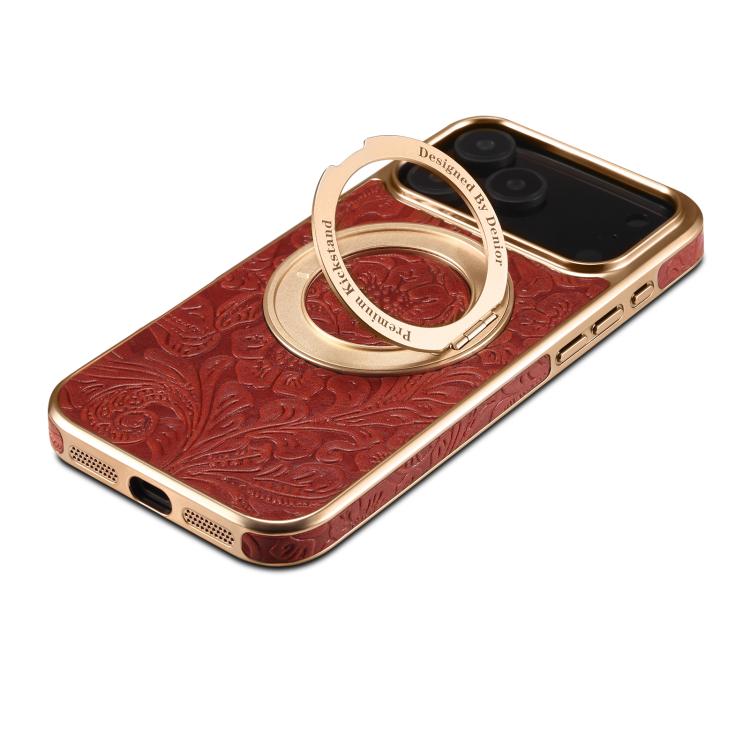 For iPhone 17 Pro Max Denior A23 Retro Flower Texture Magnetic Holder Electroplating Genuine Leather Phone Case(Red) by Denior
