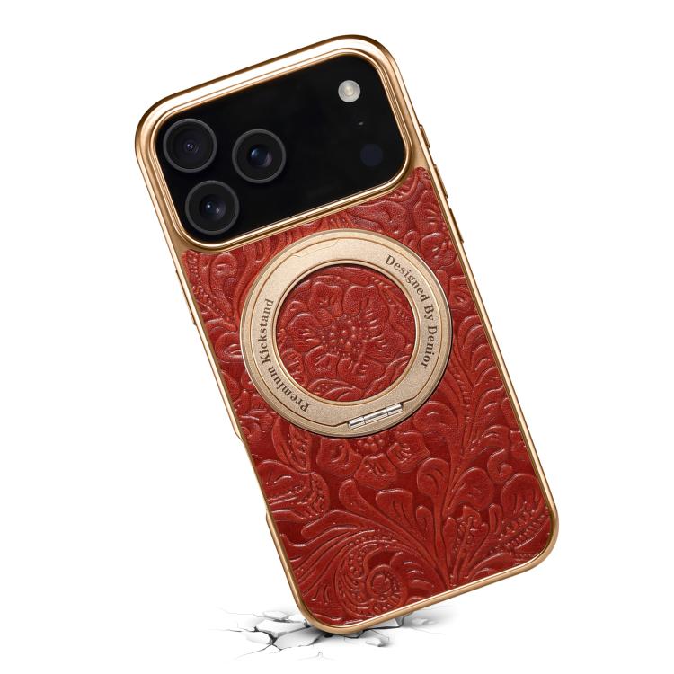 For iPhone 17 Pro Max Denior A23 Retro Flower Texture Magnetic Holder Electroplating Genuine Leather Phone Case(Red) by Denior
