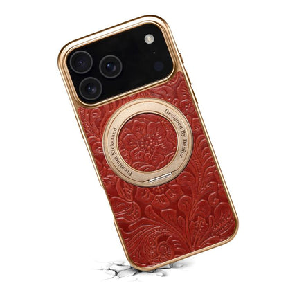 For iPhone 17 Pro Max Denior A23 Retro Flower Texture Magnetic Holder Electroplating Genuine Leather Phone Case(Red) by Denior