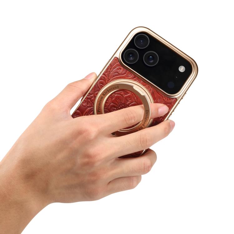 For iPhone 17 Pro Max Denior A23 Retro Flower Texture Magnetic Holder Electroplating Genuine Leather Phone Case(Red) by Denior