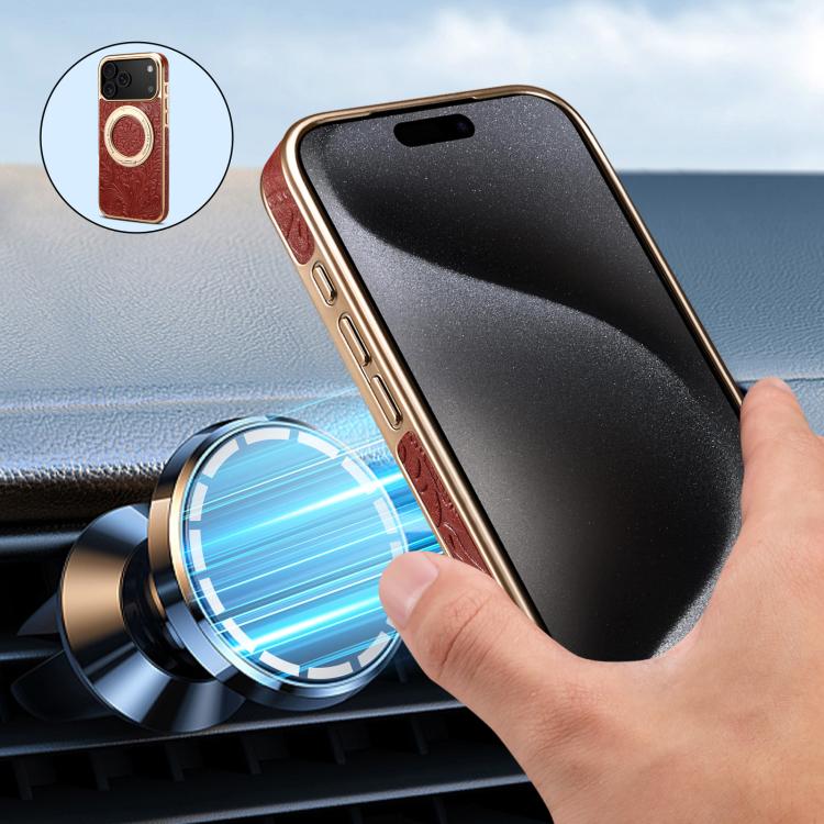 For iPhone 17 Pro Max Denior A23 Retro Flower Texture Magnetic Holder Electroplating Genuine Leather Phone Case(Red) by Denior