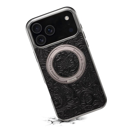For iPhone 17 Pro Denior A23 Retro Flower Texture Magnetic Holder Electroplating Genuine Leather Phone Case(Black) by Denior