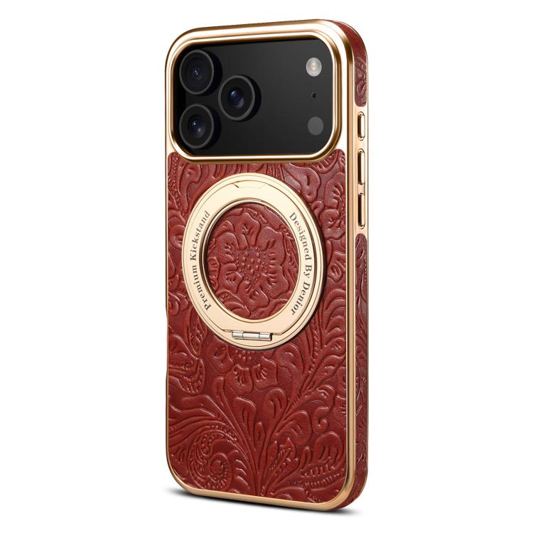 For iPhone 17 Pro Denior A23 Retro Flower Texture Magnetic Holder Electroplating Genuine Leather Phone Case(Red) by Denior