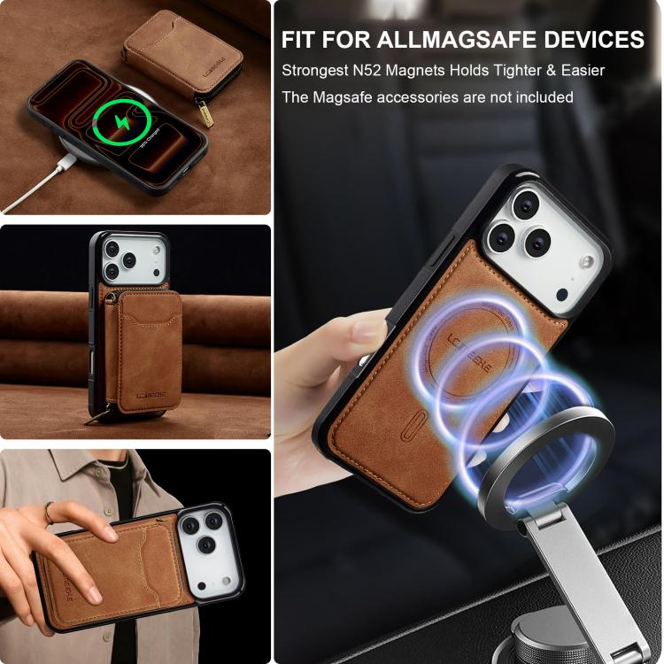 For iPhone 17 Pro Max LC.IMEEKE L6 Series Zipper Card Bag MagSafe Magnetic Phone Case(Brown) by LC.IMEEKE