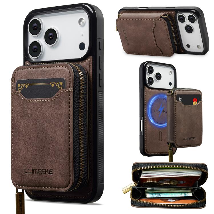 For iPhone 17 Pro Max LC.IMEEKE L6 Series Zipper Card Bag MagSafe Magnetic Phone Case(Coffee) by LC.IMEEKE