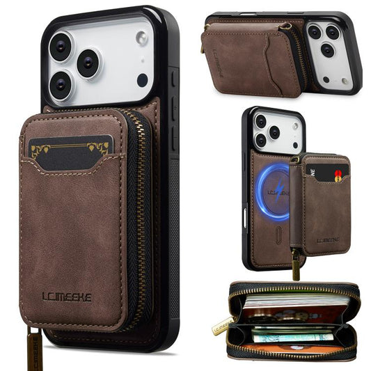 For iPhone 17 Pro Max LC.IMEEKE L6 Series Zipper Card Bag MagSafe Magnetic Phone Case(Coffee) by LC.IMEEKE