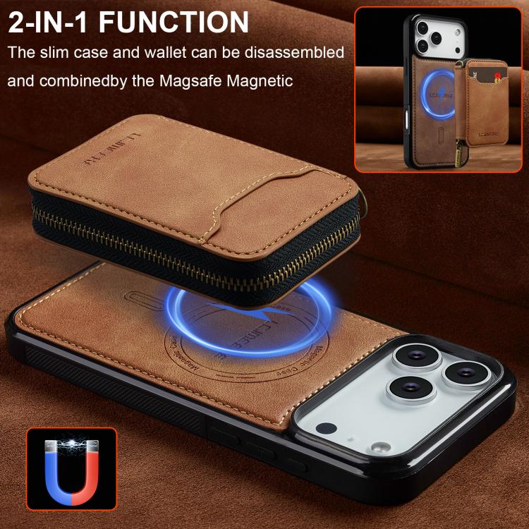 For iPhone 17 Pro LC.IMEEKE L6 Series Zipper Card Bag MagSafe Magnetic Phone Case(Brown) by LC.IMEEKE