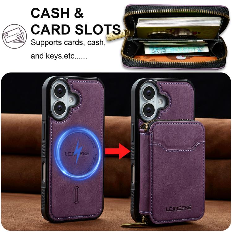 For iPhone 17 LC.IMEEKE L6 Series Zipper Card Bag MagSafe Magnetic Phone Case(Purple) by LC.IMEEKE