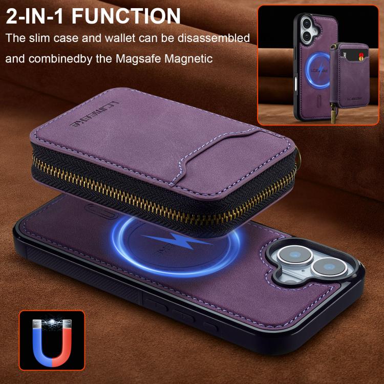 For iPhone 17 LC.IMEEKE L6 Series Zipper Card Bag MagSafe Magnetic Phone Case(Purple) by LC.IMEEKE
