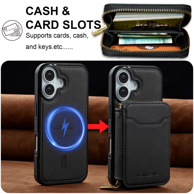 For iPhone 17 LC.IMEEKE L6 Series Zipper Card Bag MagSafe Magnetic Phone Case(Black) by LC.IMEEKE