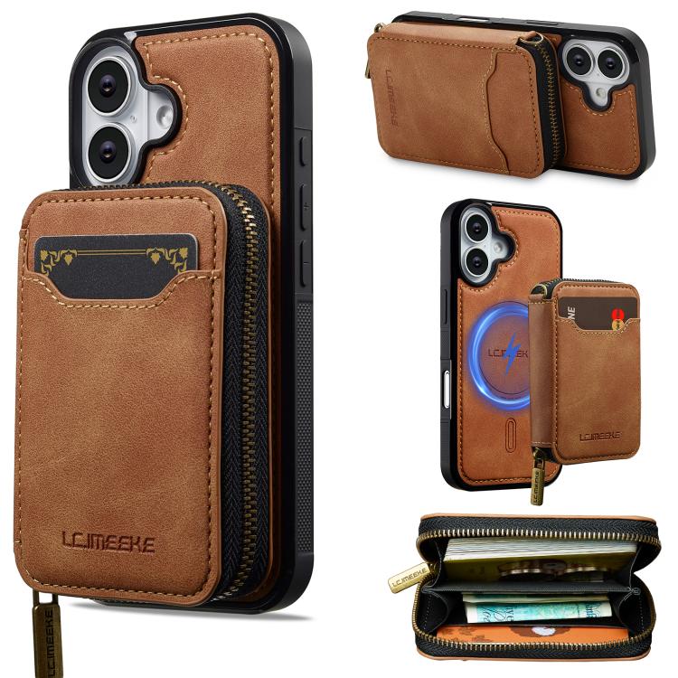 For iPhone 17 LC.IMEEKE L6 Series Zipper Card Bag MagSafe Magnetic Phone Case(Brown) by LC.IMEEKE