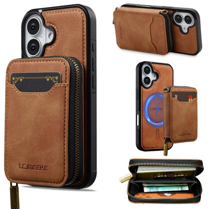 For iPhone 17 LC.IMEEKE L6 Series Zipper Card Bag MagSafe Magnetic Phone Case(Brown) by LC.IMEEKE