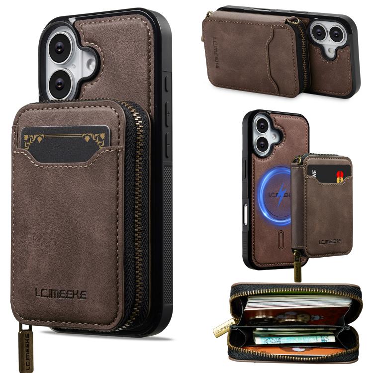 For iPhone 17 LC.IMEEKE L6 Series Zipper Card Bag MagSafe Magnetic Phone Case(Coffee) by LC.IMEEKE