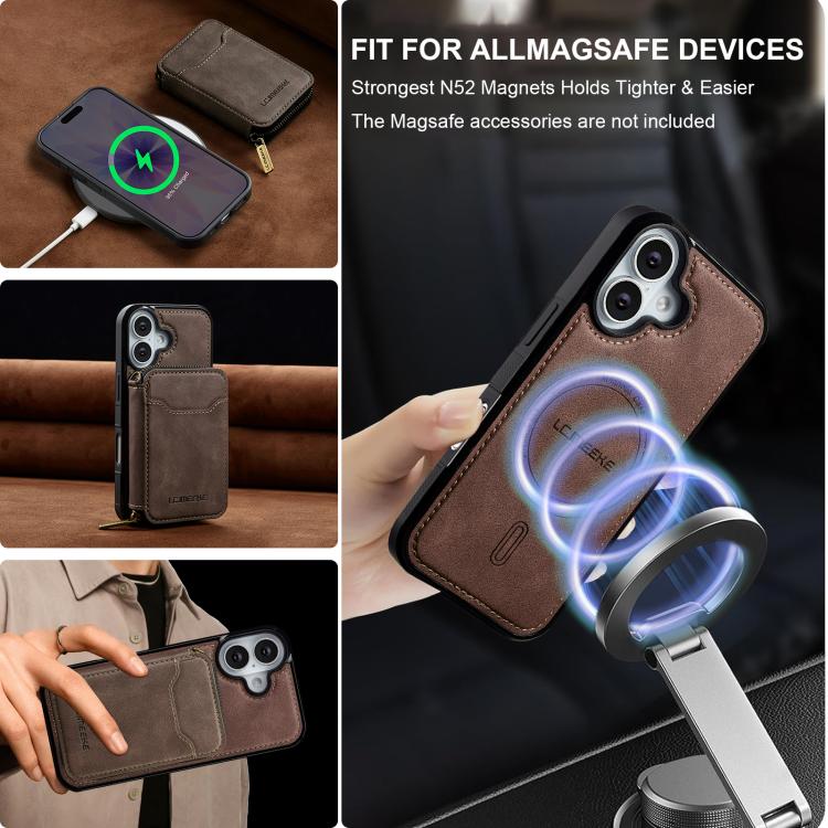 For iPhone 17 LC.IMEEKE L6 Series Zipper Card Bag MagSafe Magnetic Phone Case(Coffee) by LC.IMEEKE