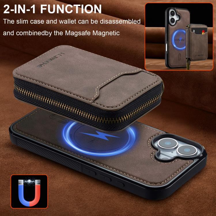 For iPhone 17 LC.IMEEKE L6 Series Zipper Card Bag MagSafe Magnetic Phone Case(Coffee) by LC.IMEEKE