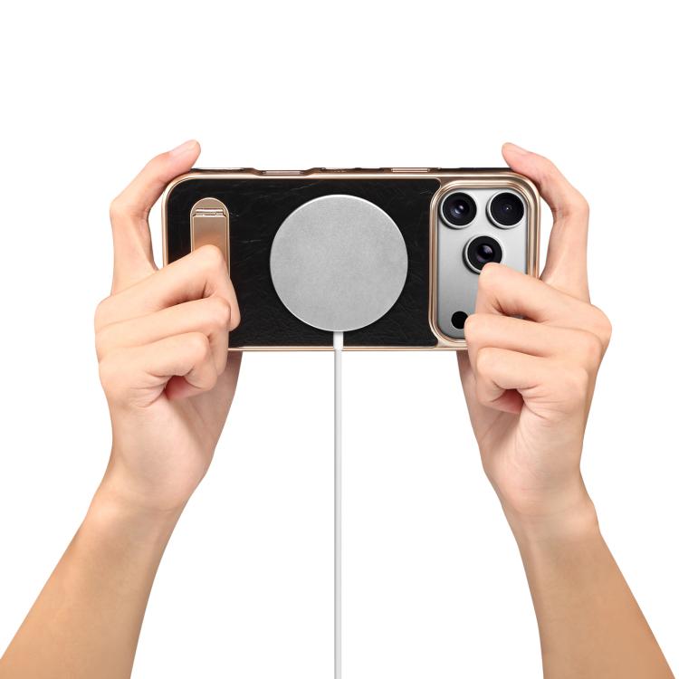 For iPhone 17 Pro Max Denior A25 MagSafe Genuine Leather Phone Case with Holder(Black) by Denior