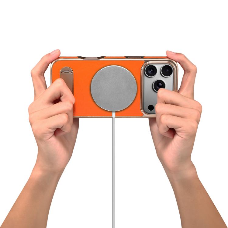 For iPhone 17 Pro Max Denior A25 MagSafe Genuine Leather Phone Case with Holder(Orange) by Denior