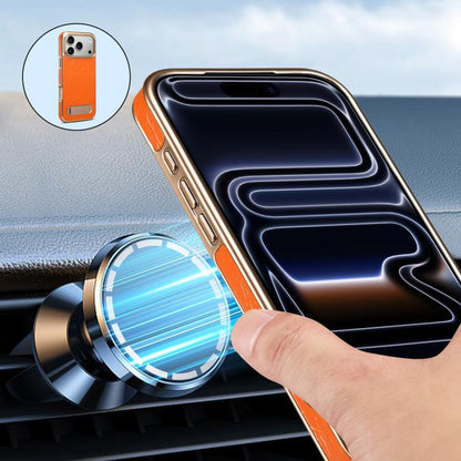 For iPhone 17 Pro Max Denior A25 MagSafe Genuine Leather Phone Case with Holder(Orange) by Denior