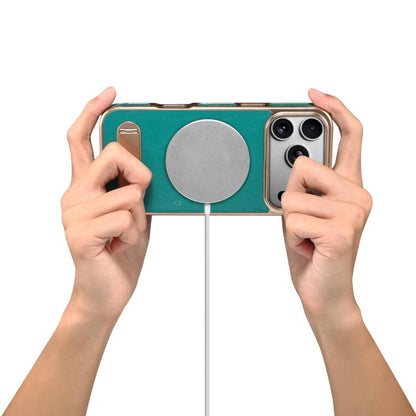 For iPhone 17 Pro Denior A25 MagSafe Genuine Leather Phone Case with Holder(Blue) by Denior