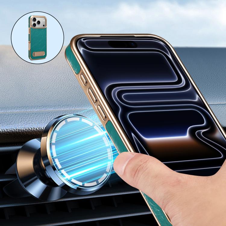 For iPhone 17 Pro Denior A25 MagSafe Genuine Leather Phone Case with Holder(Blue) by Denior