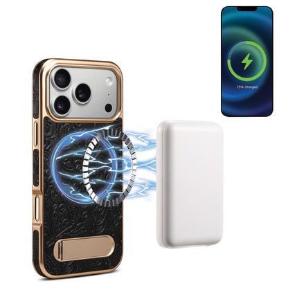 For iPhone 17 Pro Denior A25 Retro Flower Texture MagSafe Genuine Leather Phone Case with Holder(Black) by Denior