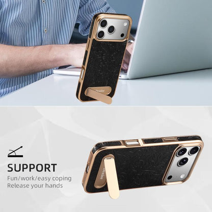 For iPhone 17 Pro Denior A25 Retro Flower Texture MagSafe Genuine Leather Phone Case with Holder(Black) by Denior