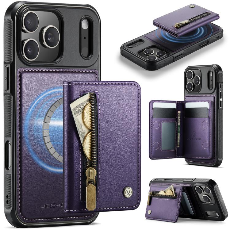 For iPhone 17 Pro Max JEEHOOD J12 Exquisite RFID MagSafe Zipper Card Bag Phone Case(Purple) by JEEHOOD
