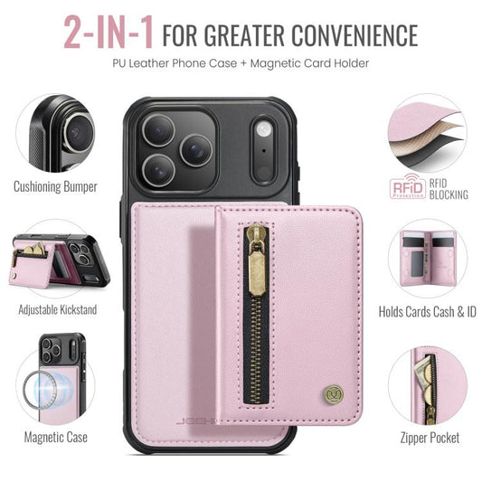 For iPhone 17 Pro Max JEEHOOD J12 Exquisite RFID MagSafe Zipper Card Bag Phone Case(Pink) by JEEHOOD
