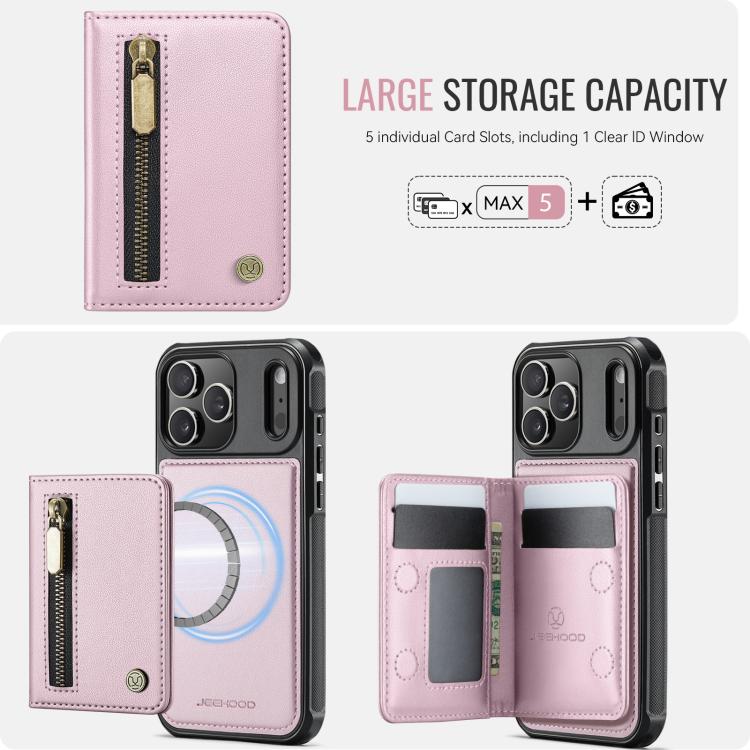For iPhone 17 Pro Max JEEHOOD J12 Exquisite RFID MagSafe Zipper Card Bag Phone Case(Pink) by JEEHOOD