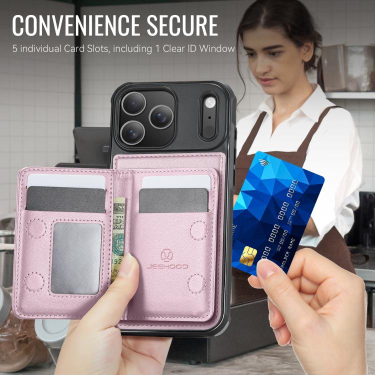 For iPhone 17 Pro Max JEEHOOD J12 Exquisite RFID MagSafe Zipper Card Bag Phone Case(Pink) by JEEHOOD