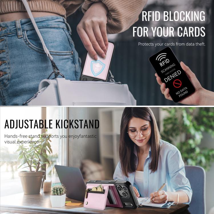 For iPhone 17 Pro Max JEEHOOD J12 Exquisite RFID MagSafe Zipper Card Bag Phone Case(Pink) by JEEHOOD