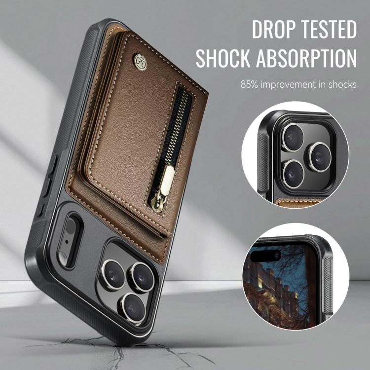 For iPhone 17 Pro Max JEEHOOD J12 Exquisite RFID MagSafe Zipper Card Bag Phone Case(Brown) by JEEHOOD